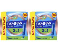 Tampax Pearl Compak Super Plus Tampones Con Aplicador, 36 Unidades, 3 en 1 Protección Antifugas, Comodidad Y Fácil Inserción (Paquete de 2)