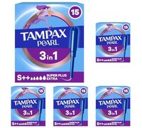 Tampax Pearl Super Extra Plus Tampones Con Aplicador, 15 Unidades (Paquete de 5)