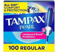 Tampax Pearl Tampones de absorción regular, 100 unidades, aplicador de plástico sin BPA y trenza de protección de fugas, sin perfume, 50 unidades, paquete de 2 (100 unidades en total)