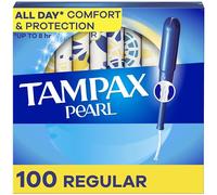 Tampax Pearl Tampones de absorción regular, 100 unidades, aplicador de plástico sin BPA y trenza de protección de fugas, sin perfume, 50 unidades, paquete de 2 (100 unidades en total)
