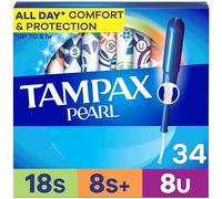 Tampax Pearl Tampons, Multipack, Super/Super Plus/Ultra Absorbency, With LeakGuard Braid, 34 Count