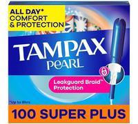 Tampax Pearl Tampons Super Plus Absorbency, 100 unidades, aplicador de plástico sin BPA y trenzado LeakGuard, sin perfume, 50 unidades, paquete de 2 (100 unidades en total)
