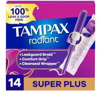 Tampax Radiant Tampons, marca #1 de tampones, con trenzado LeakGuard, absorción Super Plus, hasta un 100% de protección sin fugas y olor, sin perfume, 14 unidades