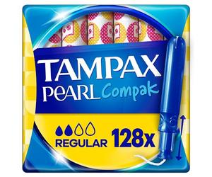 Tampax Tampones Pearl Compak Regular Con Aplicador Suave, Pack de 128, 3 en 1 Protección Antifugas, Comodidad Y Fácil Inserción