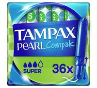 Tampax Tampones Pearl Compak Super Con Aplicador Suave, Pack de 36, 3 en 1 Protección Antifugas, Comodidad Y Fácil Inserción