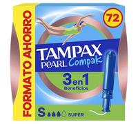 Tampax Tampones Pearl Compak Super Con Aplicador Suave, Pack de 72, 3 en 1 Protección Antifugas, Comodidad Y Fácil Inserción