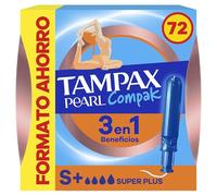 Tampax Tampones Pearl Compak Super Plus Con Aplicador Suave, Pack de 72, 3 en 1 Protección Antifugas, Comodidad Y Fácil Inserción