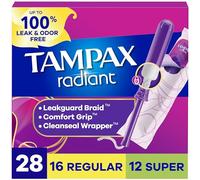 Tampax Tampones radiantes para mujer, paquete múltiple, con trenzado LeakGuard, absorción regular/superabsorbente, sin perfume, 28 unidades, el embalaje puede variar