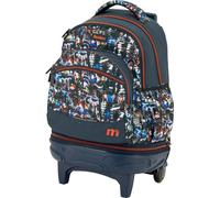 Tandem Carro Compact Desmontable, Mochila con Carro Escolar, 35L, 5 Compartimentos, Tirantes Ergonómicos, Bolsillo Lateral para Botella, Asa Acolchada, Forro Cubre Ruedas, Color Street Azul/Naranja