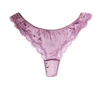 Tanga de encaje de seda para mujer, ropa interior sexy con espalda en T y satén suave, Lavenda, M