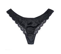 Tanga de encaje de seda para mujer, ropa interior sexy con espalda en T y satén suave, Negro, L