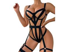Tanga Rosa Sexy Full Bra Women's Lencería Cage Set Hollow Out Punk Gothic Chest Strap Festival Stretchy Fabric Plus Size Esposas Sexy Travieso Cama, Le Noir, XL