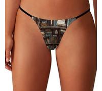Tanga sexy elástica con estampado de biblioteca vintage y gatos para mujer.