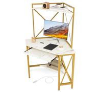 Tangkula Escritorio esquinero con estante y estación de carga, escritorio para computadora que ahorra espacio con estantes y bandeja para teclado, escritorio triangular para oficina en casa con marco