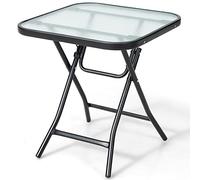 Tangkula Mesa auxiliar cuadrada de cristal de 18 pulgadas con marco inoxidable, mesa auxiliar plegable con mesa de vidrio templado, mesa de bistró portátil para patio, balcón, patio trasero, piscina