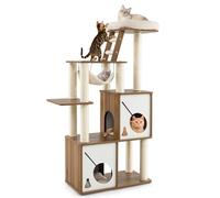 Tangkula Moderno árbol para gatos, torre de madera para gatos de 57 pulgadas con postes rascadores de sisal, percha superior acolchada, 2 condominios para gatos, hamaca colgante y escalera de escalada
