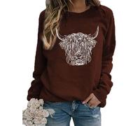 TangoDS Felpa da Donna con Girocollo Maniche Lunghe in Pile Stampa testata di bovino Highland animali Maglione Autunno Inverno