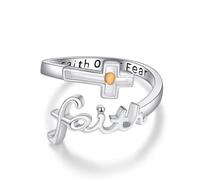 TANGPOET Anillo de plata de ley 925 ajustable con cruz abierta y semilla de mostaza, joyería cristiana religiosa, regalos inspiradores para cumpleaños, Navidad, Sin piedras preciosas