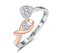 TANGPOET Anillo de plata de ley 925 chapado en oro rosa con lazo rosa y cruz para el cáncer de mama, joyería de concienciación y supervivencia, talla única, Plata de ley, Zircón