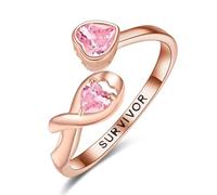 TANGPOET Anillo de plata de ley 925 chapado en oro rosa con lazo rosa y cruz para el cáncer de mama, joyería de concienciación y supervivencia, talla única, Plata de ley, Zircón