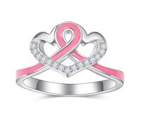 TANGPOET Anillo de plata de ley 925 con diseño de lazo rosa para sobrevivientes, regalo para mujeres, joyería de corazón para concienciación sobre el cáncer de mama, talla 7-9, Metal