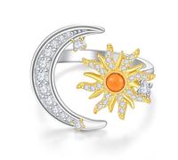 TANGPOET Anillos de luna y sol para mujer, de plata de ley 925, ajustable, con luna creciente abierta, chapado en oro, ópalo solar, joyería celestial, regalo