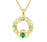 TANGPOET Collar Claddagh de oro para mujer, plata de ley 925, collar irlandés, trébol, trébol, nudo celta, corazón verde, regalo para mamá