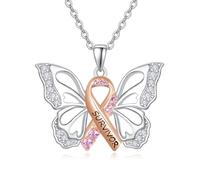TANGPOET Collar de concientización sobre el cáncer de mama para mujer, mariposa, lazo rosa, joyería para supervivientes, regalos para sus amigas, con cadena de 45,7 cm + 5 cm, Plata