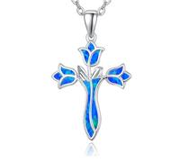 TANGPOET Collar de cruz de plata de ley 925 con colgante de cruz para mujer, joyería religiosa, regalo de bautismo católico para mujeres cristianas, Medium, Plata esterlina, Ópalo