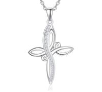 TANGPOET Collar de cruz de plata de ley 925 con colgante de cruz para mujer, joyería religiosa, regalo de bautismo católico para mujeres cristianas, Medium, Plata esterlina, Circonia cúbica