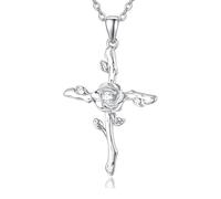 TANGPOET Collar de cruz de plata de ley 925 con colgante de cruz para mujer, joyería religiosa, regalo de bautismo católico para mujeres cristianas, Medium, Plata esterlina, Circonia cúbica