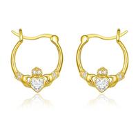 TANGPOET Pendientes de oro Claddagh para mujer, plata de ley 925, aretes irlandeses de corazón de oro de San Patricio, diamante blanco, piedra natal de abril, regalos para mamá