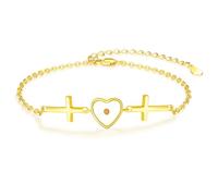 TANGPOET Pulsera de cruz chapada en oro para mujer, plata de ley 925, cadena ajustable, corazón y semillas de mostaza, confirmación de fe, joyería cristiana, regalos religiosos