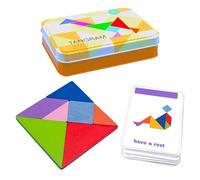 Tangram Infantil - 7 Piezas de Madera de Colores - Juego Educativo de Mesa - Juego De Tangram Ideal Niños y Adultos - 7 Tans, 1 Caja de Metal y Libro Ilustrado, Regalos Cumpleaños Niños