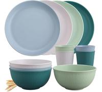 Tanice Juego de Vajilla 12 Piezas para 4 Personas-Set de Platos, Cuencos y Tazas de Plástico Reutilizable, Vajilla Ligera Resistente y Apilable, Apta Lavavajillas Microondas para Cocina Hogar Camping