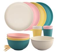 Tanice Juego de Vajilla 12pcs Vajilla de Camping para 4 Personas Kit de Vajilla de Plástico con Platos, Cuencos, Tazas Juego de Vajilla Reutilizable para Picnic, Camping, Niños