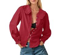 Tankaneo Blusa de algodón con cuello Peter Pan para mujer, manga larga, con botones, informal, texturizada, para otoño, Borgoña, M