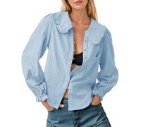 Tankaneo Blusa de algodón con cuello Peter Pan para mujer, manga larga, con botones, informal, texturizada, para otoño, Azul cielo, S