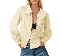 Tankaneo Blusa de algodón con cuello Peter Pan para mujer, manga larga, con botones, informal, texturizada, para otoño, Beige, S