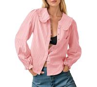 Tankaneo Blusa de algodón con cuello Peter Pan para mujer, manga larga, con botones, informal, texturizada, para otoño, Rosa claro, Large