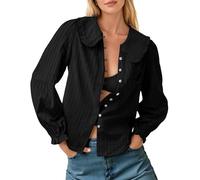 Tankaneo Blusa de algodón con cuello Peter Pan para mujer, manga larga, con botones, informal, texturizada, para otoño, Negro, M