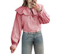 Tankaneo Camisas de manga larga abombada con cuello Peter Pan para mujer, blusas de manga larga abombada con volantes, ajuste holgado, para otoño, Rojo, S