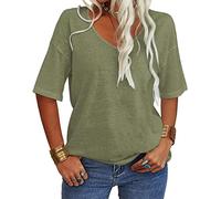 Tankaneo Camiseta de manga corta con cuello en V para mujer, casual, holgada, básica, de verano, media manga, túnica de gran tamaño, Ejercito Verde, XL