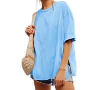 Tankaneo Camisetas de gran tamaño para mujer, de verano, casual, de manga corta, cuello redondo, ajuste holgado, con abertura lateral, Azul cielo, M
