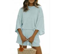 Tankaneo Conjunto corto de 2 piezas para mujer, camiseta de manga 3/4 y pantalones cortos con cintura elástica, conjunto casual para descansar, Azul cielo, Large