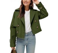 Tankaneo Gabardina corta con solapa y doble botonadura para mujer, Verde militar, S