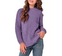 Tankaneo Girls Fuzzy Fleece Suéter cálido Cuello Redondo Sudadera Suelta con Abertura Lateral Gruesa Top de Color sólido, Morado, 13-14 Años
