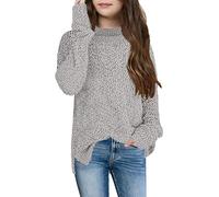 Tankaneo Girls Fuzzy Fleece Suéter cálido Cuello Redondo Sudadera Suelta con Abertura Lateral Gruesa Top de Color sólido, Gris, 9-10 años