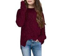 Tankaneo Girls Fuzzy Fleece Suéter cálido Cuello Redondo Sudadera Suelta con Abertura Lateral Gruesa Top de Color sólido, borgoña, 9-10 Años