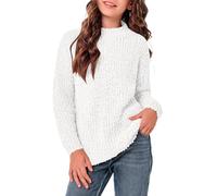 Tankaneo Girls Fuzzy Fleece Suéter cálido Cuello Redondo Sudadera Suelta con Abertura Lateral Gruesa Top de Color sólido, Blanco, 5-6 Años